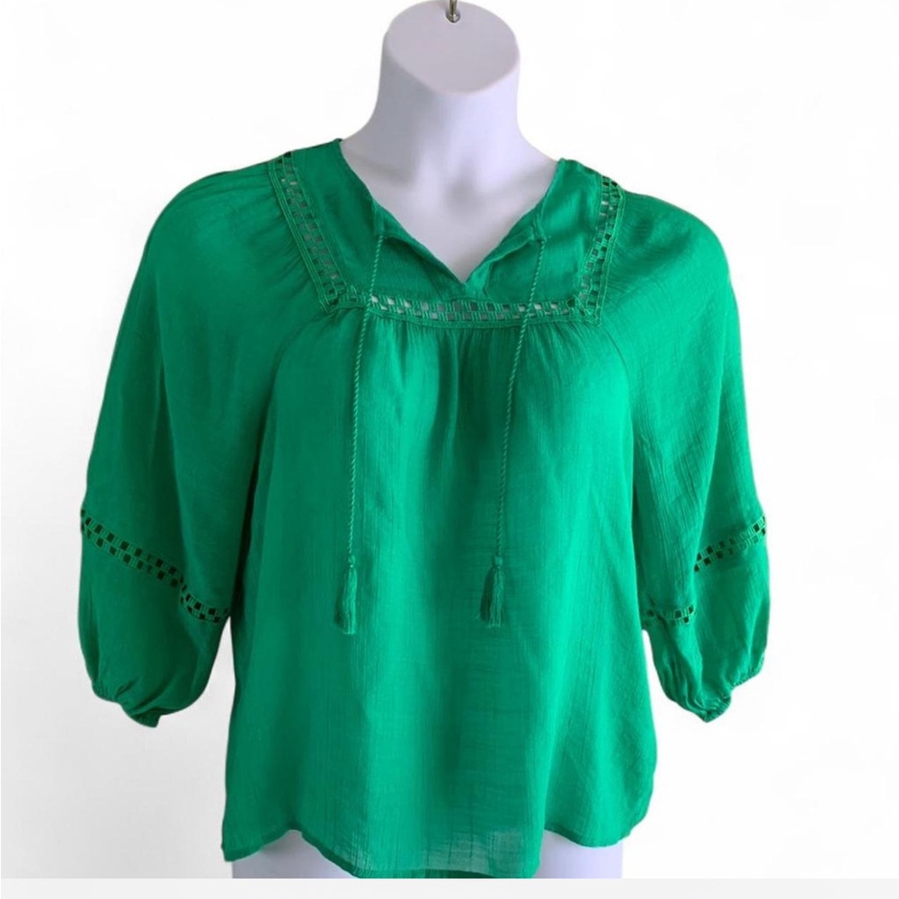 Hope & Harlow Women's Emerald Green Peasant Blouse with Tassel Tie S